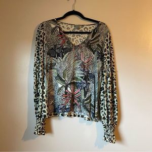 Anthropologie Bl^nk London Long Sleeve V Neck Safari Pattern Tee